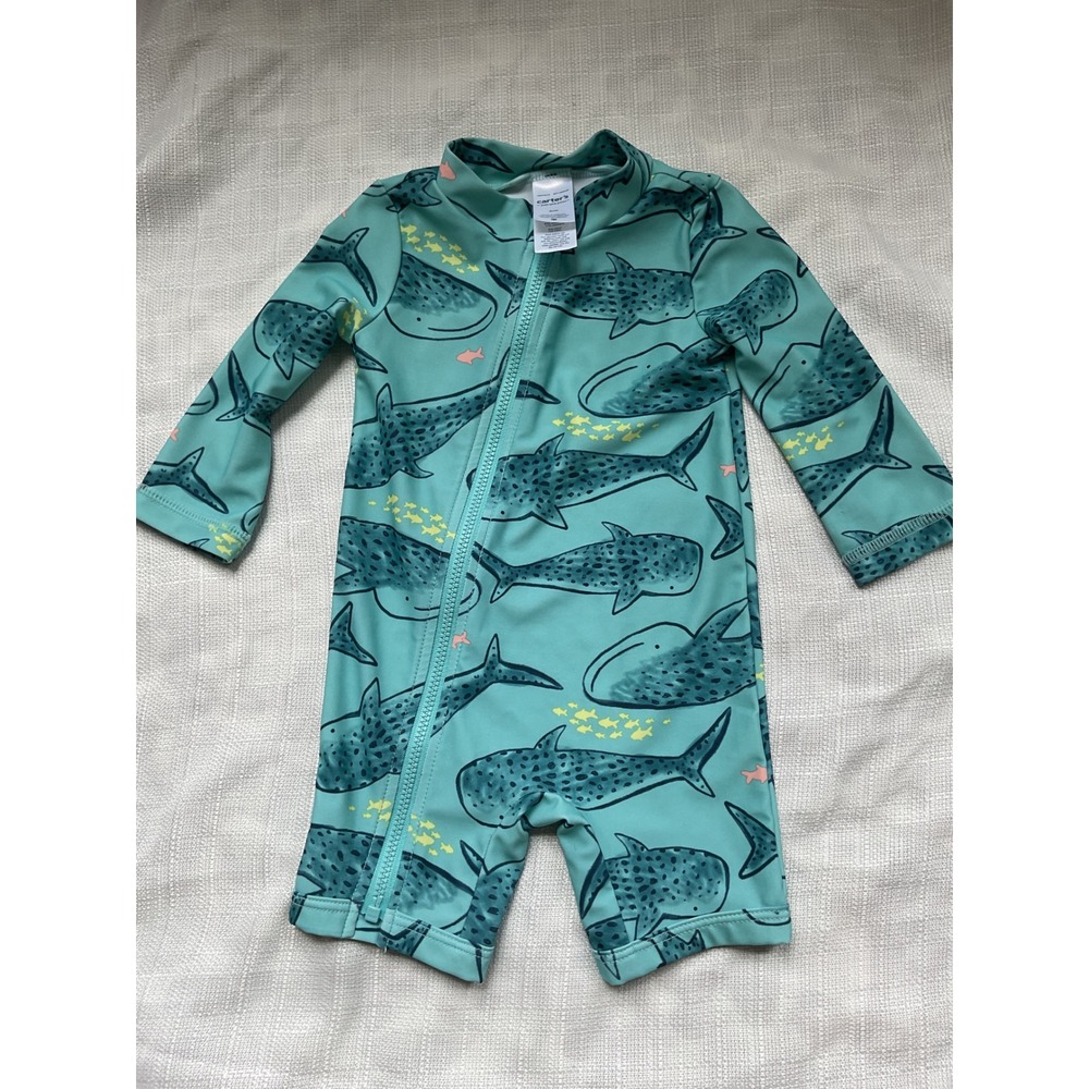 Carters Just One You Baby Boys Whale Shark Rash Guard One Piece Swimsuit 6M Teal